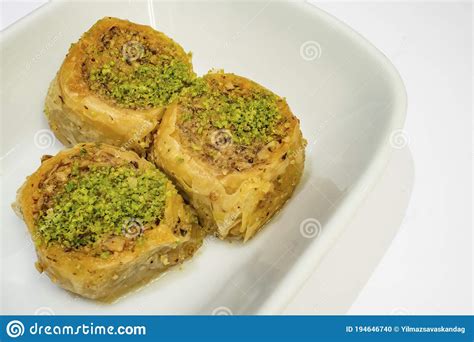 Turkish Baklava In The Form Of Rolls With Pistachio Stock Photo Image