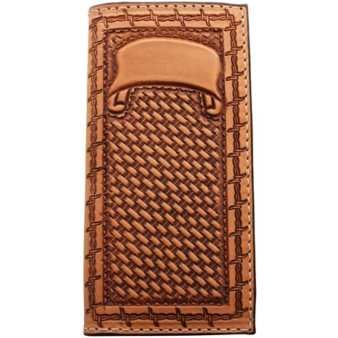 Cb39 Natural Leather Basketweave Tooled Checkbook Wallet Double J