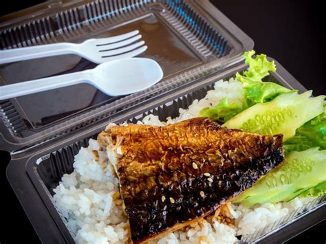 Grill Fish On Rice In Plastic Box Take Home Food Stock Photo Image