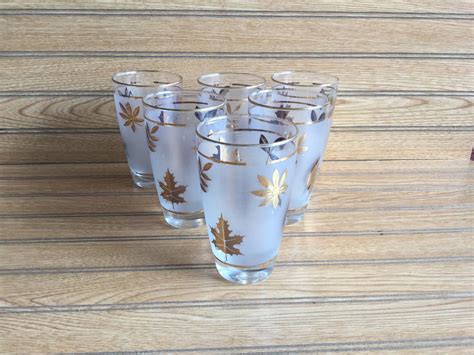Vintage Libbey Gold Leaf Frosted Glasses Set Of 6 Gold Trim