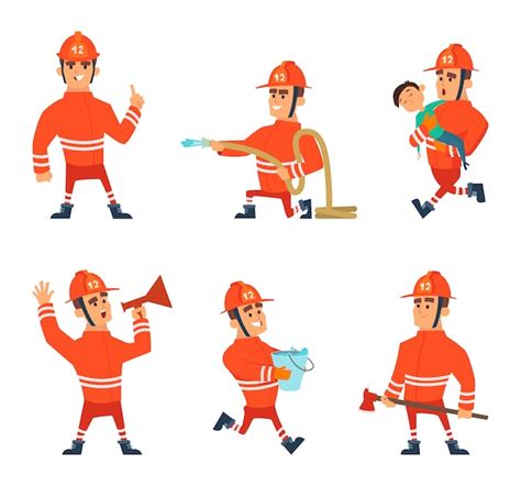 Premium Vector Cartoon Characters Of Firefighters In Action Poses