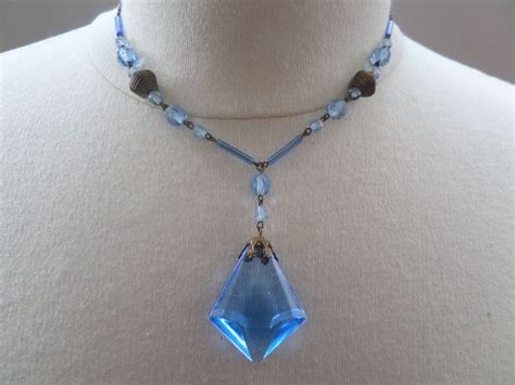Blue Glass Vintage Czech Necklace With Large Pendant Drop Pendant