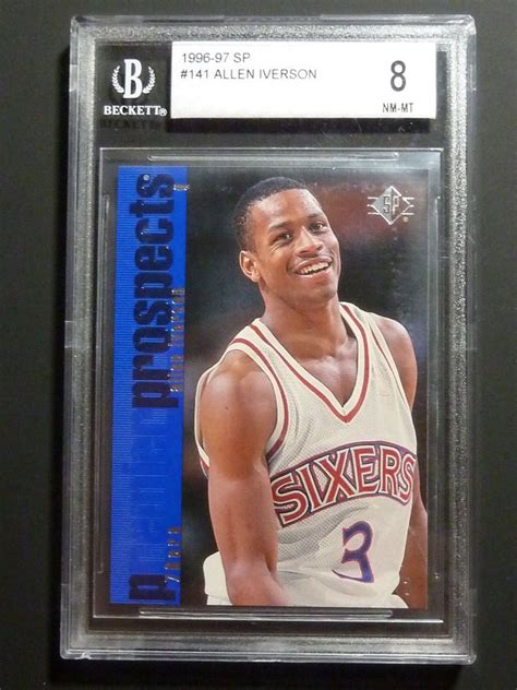 1996 allen iverson topps rc #171 (buy on ebay) the key allen iverson rc, the 1996 topps is glossy, while there's a valuable foil nba edition (/50) which is often mislabelled as a chrome card. 1996-97 SP ALLEN IVERSON Graded Rookie Card RC BGS 8 NM-MT ...
