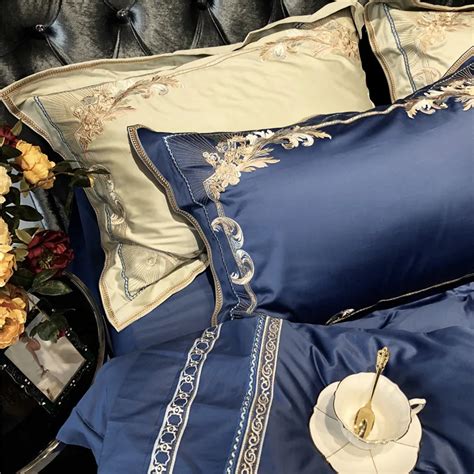 Luxury 1000tc Egyptian Cotton Gold Royal Embroidery Palace Bedding Set Blue Champagne Duvet