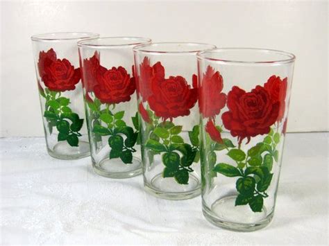 Drink In Style Vintage Red Roses Glasses Swanky Swig Set 4 By Lavendergardencottag Vintage