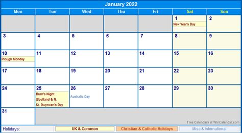 January 2022 Uk Calendar With Holidays For Printing Image Format