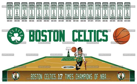 Boston Celtics championship banners, team logo and home court