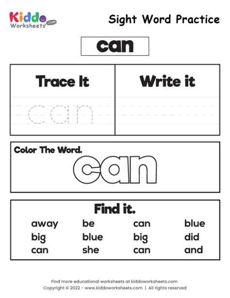 Free Printable Sight Word Practice Can Worksheet Kiddoworksheets