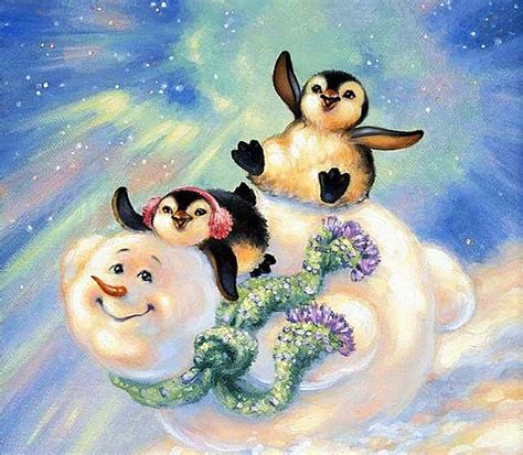 Winter Playtime Painting Sunshine Snowman Penguins Artwork Hd
