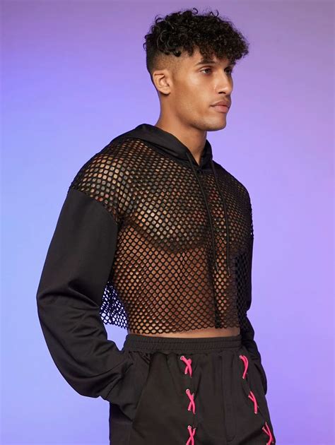 Shein Men Fishnet Insert Drawstring Crop Hoodie In 2023 Mens Fashion