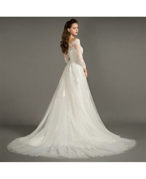 Dreamy A Line Off The Shoulder Court Train Tulle Wedding Dress With