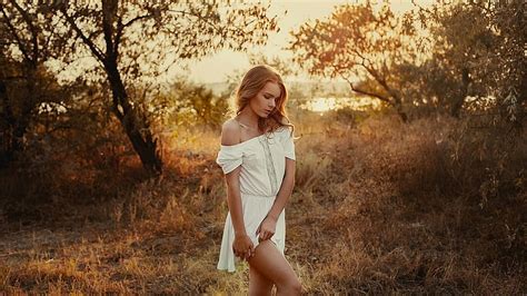 Irina Regent White Dress Sexy Blonde Enjoying The Fall Trees Over Shoulder Hd Wallpaper