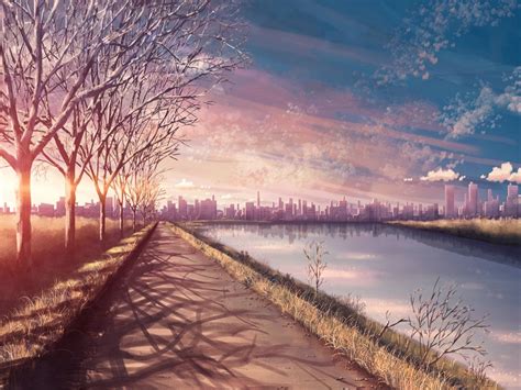 Anime Original Landscape Sunset Sky Cloud Tree City River Road