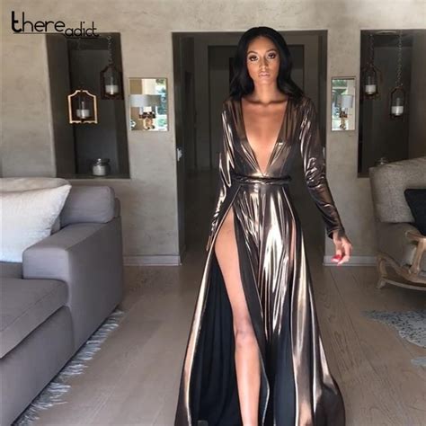 Metallic Plunge Cowl Party Dress Gold Sexy Deep V Neck Long Sleeve