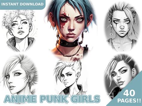 40 Anime Punk Girls Coloring Book Adult Coloring Pages Kids Etsy
