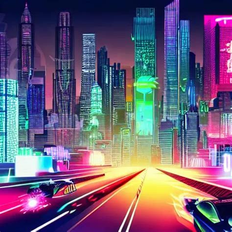 Neon City Skyline With Flying Cars Cyberpunk