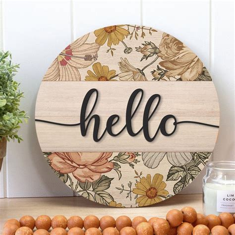 Hello Welcome Floral Door Sign Farmhouse Door Hanger Decor Round Wood Sign 12 Inches In