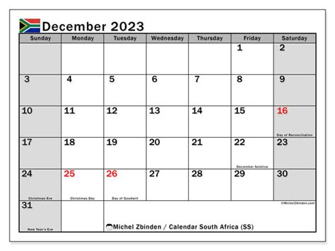 December 2023 Printable Calendar “south Africa Ss” Michel Zbinden Za