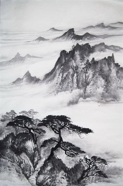 An Ink Drawing Of Mountains And Trees In The Foggy Sky With Clouds
