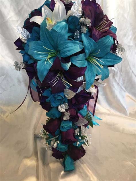 teal and plum purple lily bridal bouquet wedding flowers cascade package bridalsilkflowers