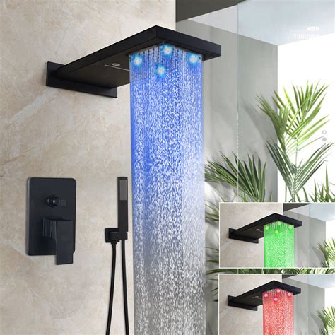 Led Black Waterfall Rainfall Shower Head Set Mixer Faucet Shower
