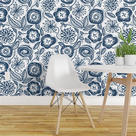 Peel And Stick Removable Wallpaper Botanical Block Floral Decor Navy