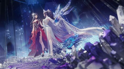 Wallpaper Artwork Fantasy Art Fantasy Girl Two Women Dress Legs Dark Hair Lu Jieyun