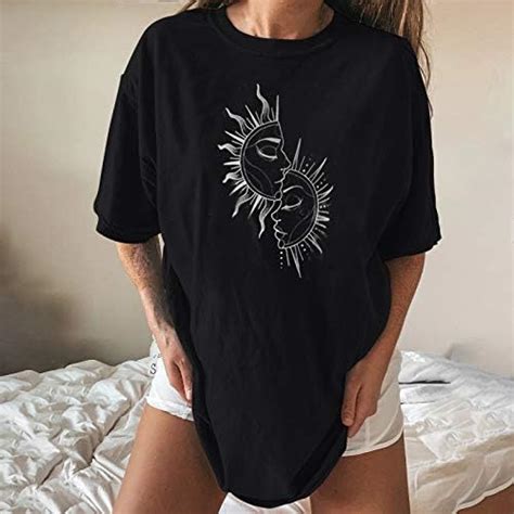 Gemira Oversized Tops For Women To Wear With Leggings Short Sleeve Sun Moon
