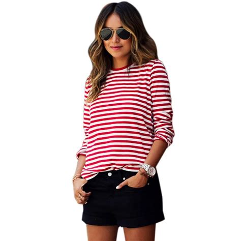 2016 Spring Summer Long Sleeve Red Striped Tee Shirts Women Fashion Plus Size T Shirt Women Tees