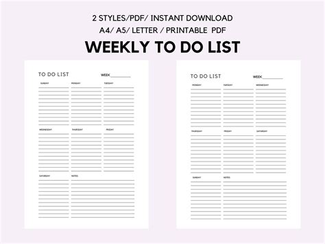Weekly To Do List Printable Weekly Task List Template Weekly Planner