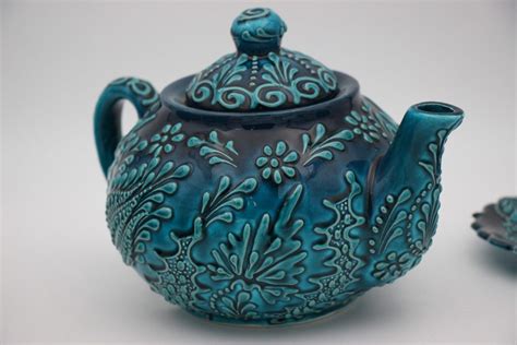 Xlarge Hand Crafted Turkish Ceramic Tea Pots In Turquoise Design Nirvana