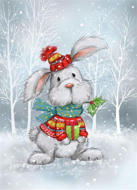 Cute Mixed Media Rabbit In Wood By Makiko Christmas Paintings