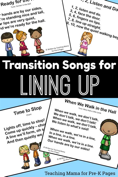 These preschool/kindergarten songs are available from a variety of albums and teach directions, parts of the body, opposites, money, weather, clothing, telling time, adjectives, action and participation, and good behavior. Transition Songs for Lining Up in Pre-K - Pre-K Pages