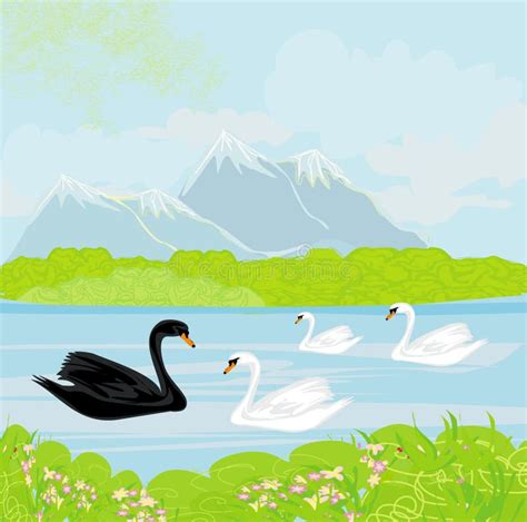 Landscape With Mountains And Swans On The Lake Stock Vector