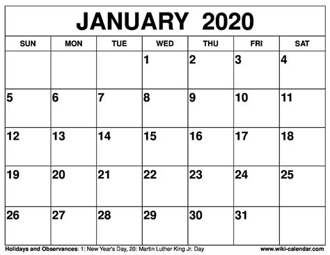 Free January 2020 Printable Calendar With Holidays Ca