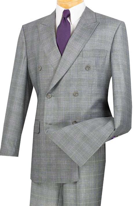 Mens Classic Wool Feel Double Breasted Glen Plaid Suit In Grey
