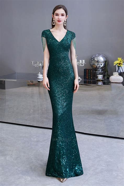Bmbridal Elegant Cap Sleeve Green Prom Dress Sequins Long Evening Gowns