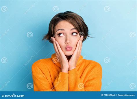 Portrait Of Adorable Minded Girl Hands Touch Cheeks Pouted Lips Look