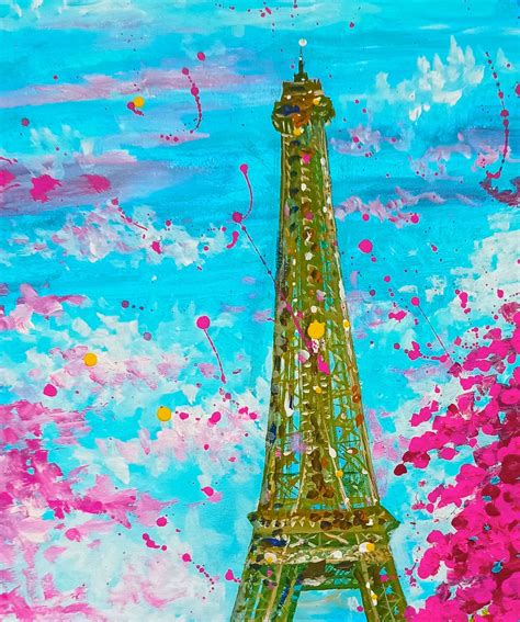 Eiffel Tower Original Acrylic Paris Painting Blooming Sakura Etsy