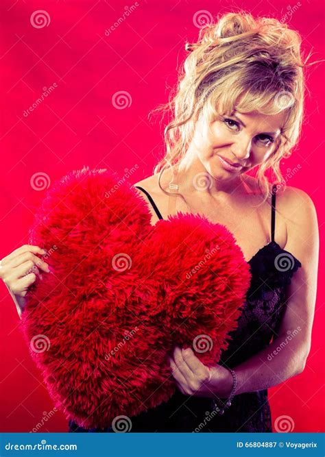 Mature Woman Hug Big Red Heart Stock Image Image Of Miss Model 66804887