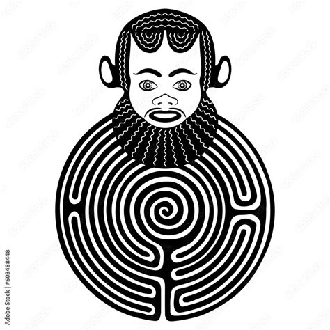 Head Of Ancient Greek Satyr On A Round Spiral Maze Or Labyrinth Symbol