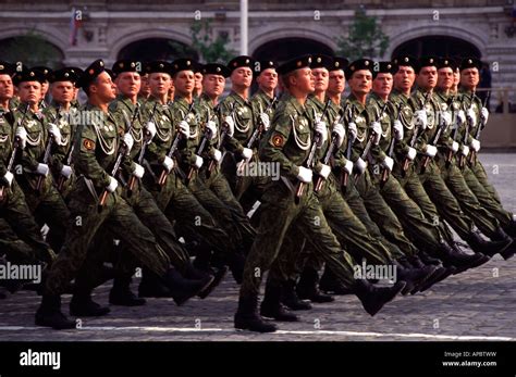 Armed Russian Soldiers March In Formation During The Annual Stock Photo