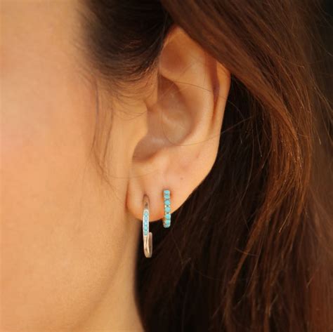 Turquoise Stone Hoop Earrings Sterling Silver Or Gold Plated Etsy
