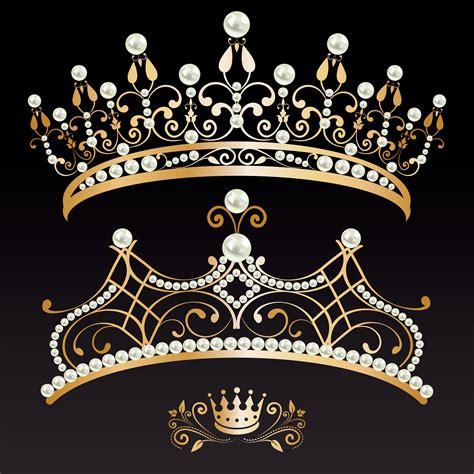 Set Collection Of Two Golden With Pearls Tiaras And Crown 360770 Vector