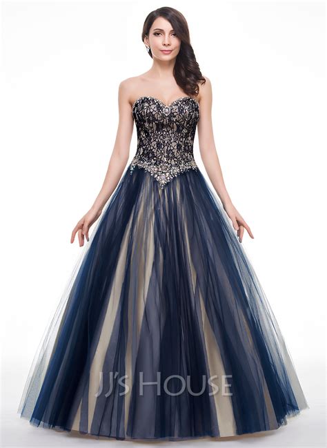 Ball Gown Sweetheart Floor Length Tulle Lace Prom Dresses With Beading