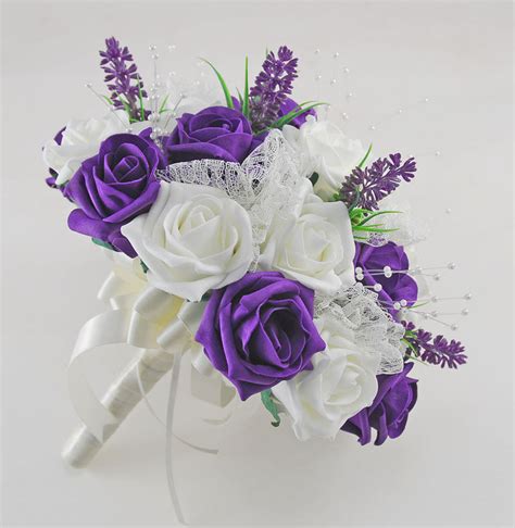 Brides Purple And Ivory Rose Wedding Bouquet With Lavender Budget