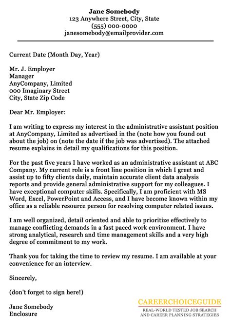 Sample Employment Cover Letter Administrative Assistant Primary Display