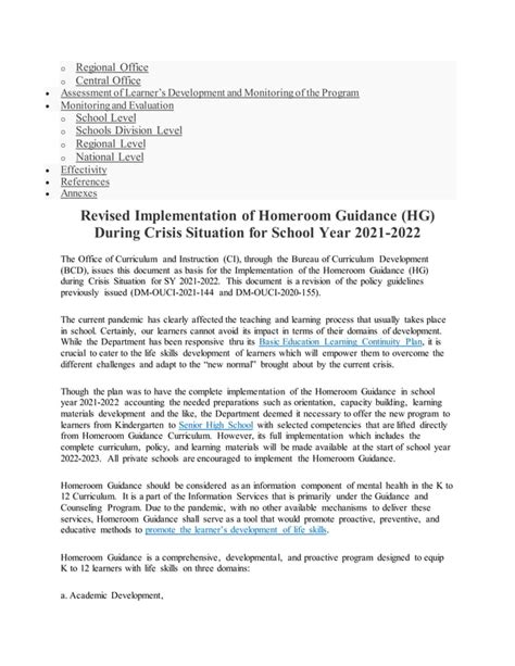Dep Ed Revised Implementation Of Homeroom Guidance For School Year 2021