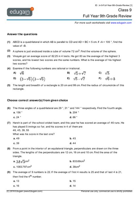 Grade 9 Math Worksheets With Answers Free Printable
