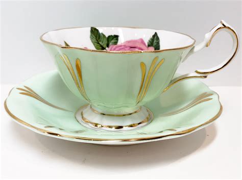 Big Rose Queen Anne Tea Cup And Saucer Green Gold Cups Bone China Tea Cups Rose Cups Vintage